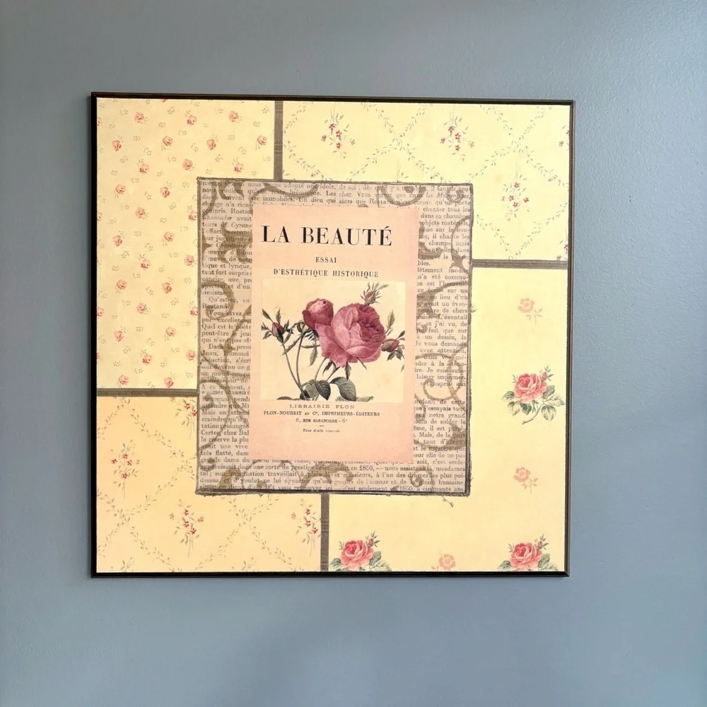 VTG Floral Wall Art Sign Decor Plaque Yellow Pink Cottagecore La Beaute 18 x 18